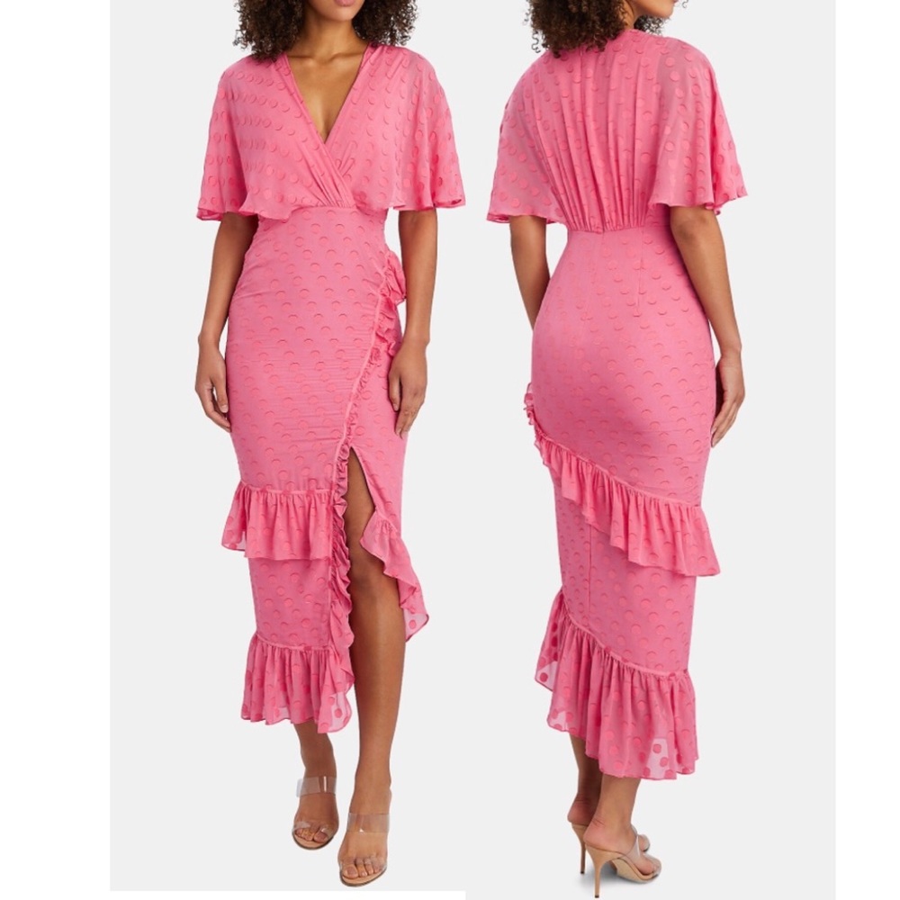 SALONI Pink Rose Ruffled V-neck Midi Silk Swiss Dot Wrap Dress